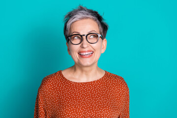 Photo portrait of nice retired female look empty space wear trendy brown outfit isolated on...