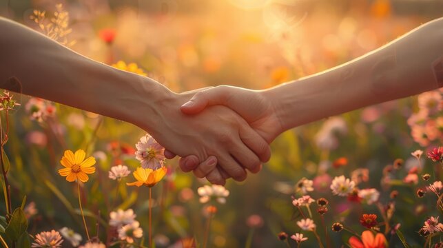 Commitment, A person shaking hands with their future self in a bright, optimistic scene, symbolizing dedication to longterm goals