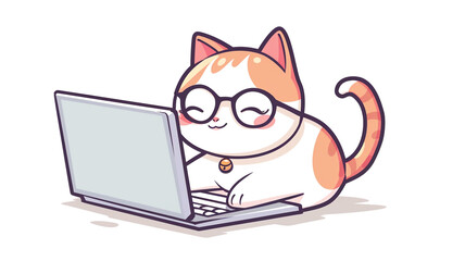 A cute cat wearing glasses is typing on a laptop in doodle style, designed minimally, as a simple chibi anime character sticker on a white background.