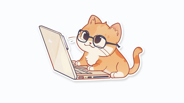 A cute cat wearing glasses is typing on a laptop in doodle style, designed minimally, as a simple chibi anime character sticker on a white background.