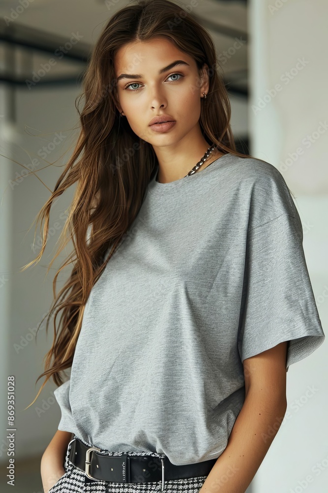 Wall mural Gray oversized Tshirt on a female model in a trendy outfit - Wall murals