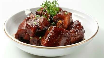 Delicious braised pork with herbs in a white bowl, a classic Chinese dish.