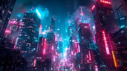Fototapeta premium Designing the Future Cyberpunk Cities with Towering Skyscrapers