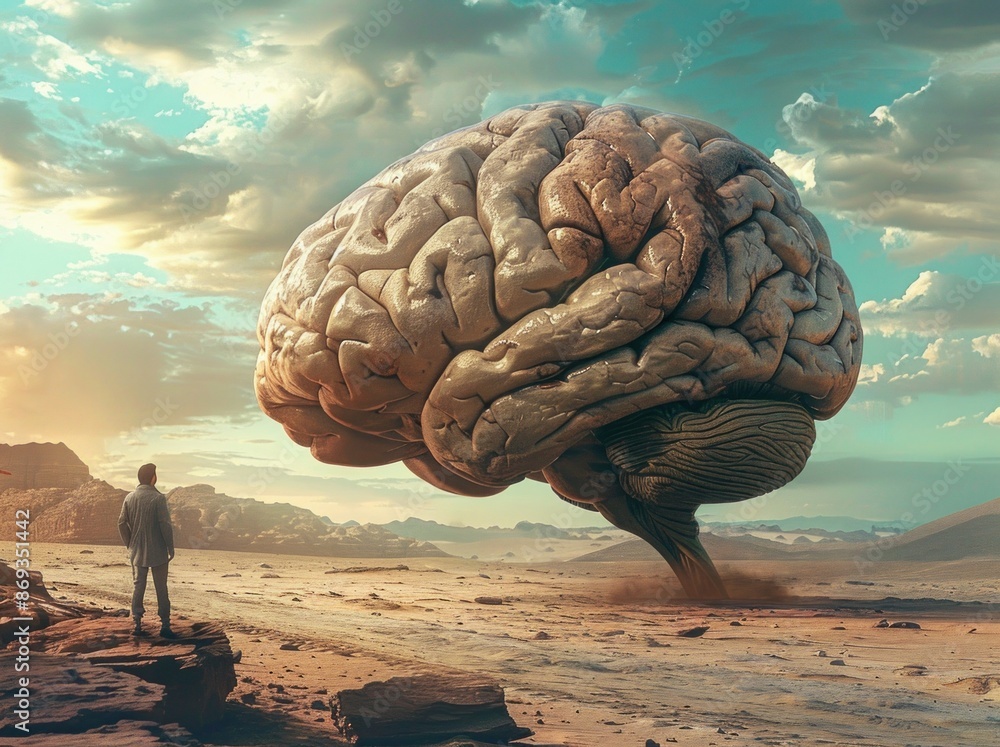 Poster man standing in front of enormous brain on desert landscape with clouds in background for medical re