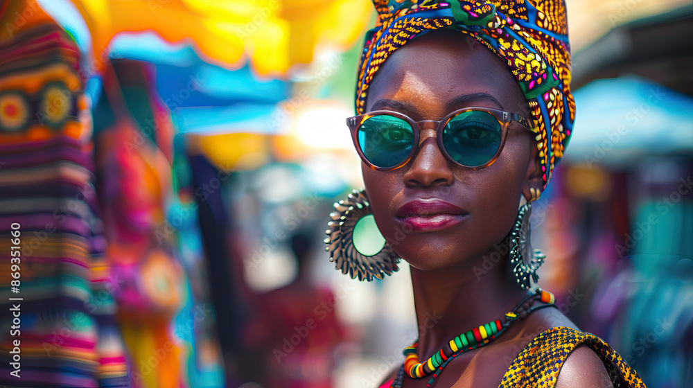 Wall mural Fashionable Wanderlust: A black traveler exploring a colorful market in a foreign city, embracing new cultures and experiences with style