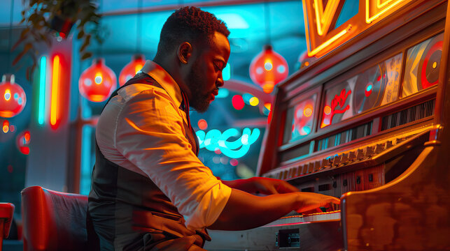 Vintage Jazz Jukebox: A black musician playing a vintage jukebox, surrounded by a nostalgic ambiance of jazz records and neon lights