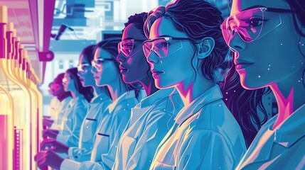 A powerful illustration of a group of women in STEM fields, representing International Day of Women and Girls in Science The background features a high-tech lab with ample copy space for text