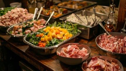 Obraz premium Appetizers laid out on a buffet table ready for guests to enjoy.