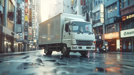 Naklejka premium White delivery truck making a delivery in a bustling urban area, emphasizing its agility and efficiency, Perspective Low angle , Mood Modernity, convenience