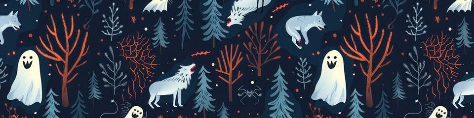 Spooky Halloween pattern with ghostly apparitions, dark forests, and howling wolves on a midnight background