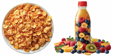 Frosted Flakes in the bowl with milk and mix fruit isolated on white background 