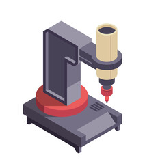 Isometric industrial machinery. Icon with modern automated 3D printer. Robotic arm and innovative equipment for production and manufacturing. 3D vector illustration isolated on white background
