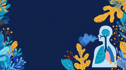 World Lung Cancer Day. World Asthma Day, a humanoid figure's lungs are depicted on a dark blue background with colorful leaves
