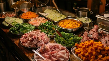 Obraz premium A buffet table with a variety of food options, including meats, vegetables, and starches.