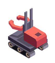 Isometric industrial machinery. Icon with automated forklift for loading goods in factory warehouse. Modern equipment or vehicle for plant. 3D vector illustration isolated on white background