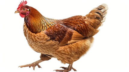 Fototapeta premium A brown rooster standing against a white background.