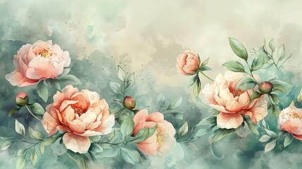 watercolor peonies flowers and green leaves, soft colors, boho style