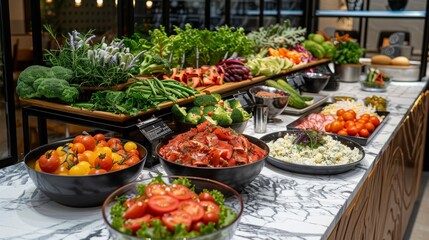 Fresh and colorful salad bar with a variety of ingredients.