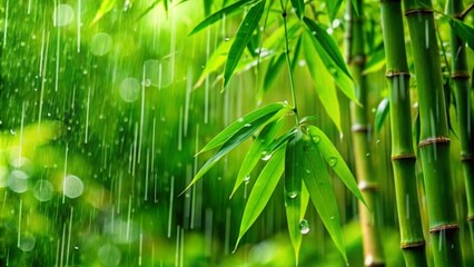 beautiful green bamboo forest in the rain, water drops on bamboo leaves, wellness day in a spa, idyllic bamboo jungle background, fresh idyll in rain forest, green nature concept with copy space