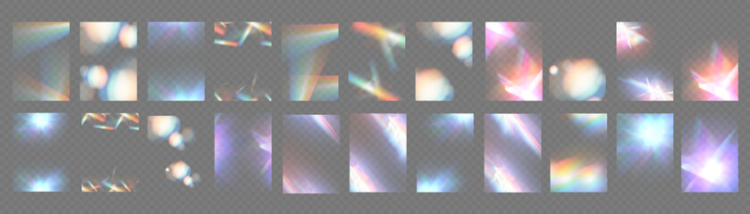 Crystal light glasses effect sparkle prism glare reflection effect. Banner optical rainbow lights, glare, leak, streak overlay. falling confetti. Vector banner colorful vector lenses and light flares.