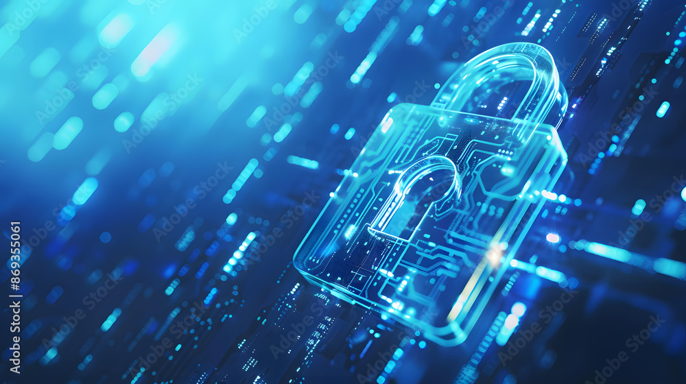 Poster cybersecurity concept with digital lock icon on vibrant blue technological background. 3d rendering