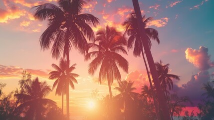 Vibrant palm tree silhouettes against a glowing sunset backdrop