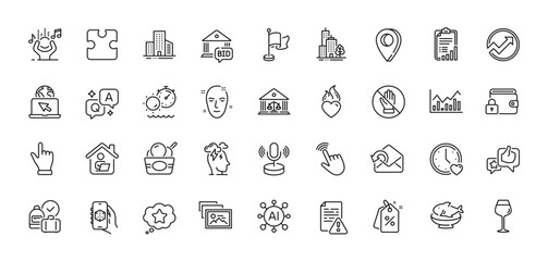 Buildings, Like and Tanning time line icons pack. AI, Question and Answer, Map pin icons. Health skin, Dating, Send mail web icon. Skyscraper buildings, Corrupt, Bordeaux glass pictogram. Vector