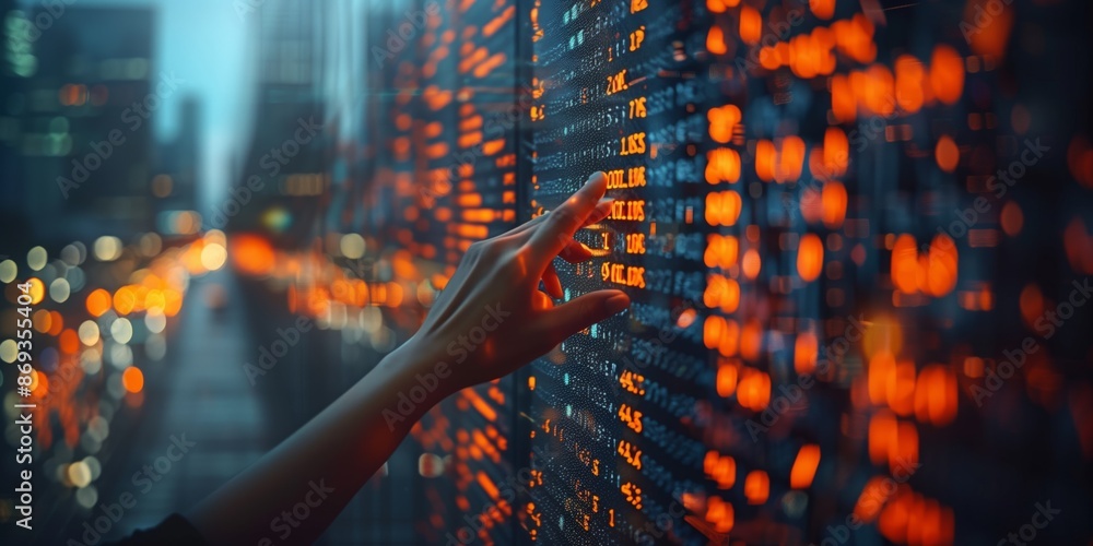 Poster hand interacting with digital financial data. hand pointing at a digital financial data display, cap