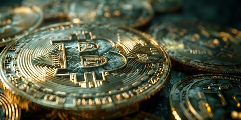 Obraz premium Bitcoin Cryptocurrency Coins Close-Up. Close-up of Bitcoin cryptocurrency coins, highlighting the intricate details and design of digital currency in the financial industry.