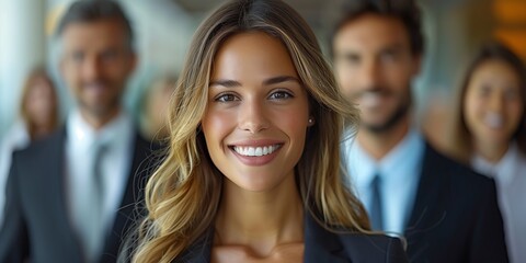 Obraz premium Smiling Businesswoman with Team in Background. Smiling businesswoman in focus, with her team in the blurred background, representing teamwork and leadership in a professional setting.