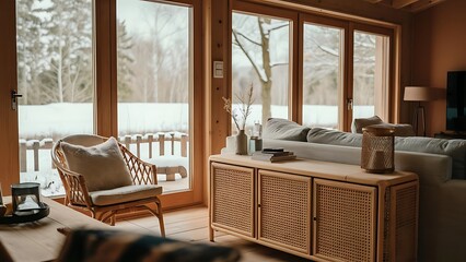 Fototapeta premium Scandinavian interior design of living room with rattan console, wooden chair