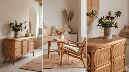 Scandinavian interior design of living room with rattan console, wooden chair