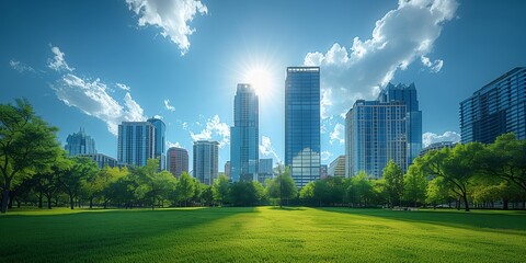 Fototapeta premium Sunny City Park with Skyscrapers. Bright, sunny day in a city park with lush green grass and tall skyscrapers in the background, highlighting the blend of nature and urban life.