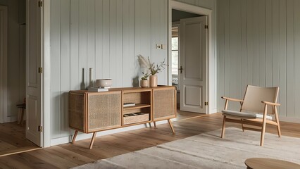 Scandinavian interior design of living room with rattan console, wooden chair