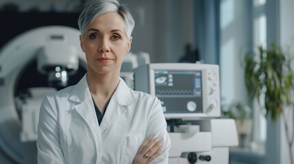 Professional 4K Resolution Portrait of Handsome 50-Year-Old Doctor with Short White Hair Operating Machine