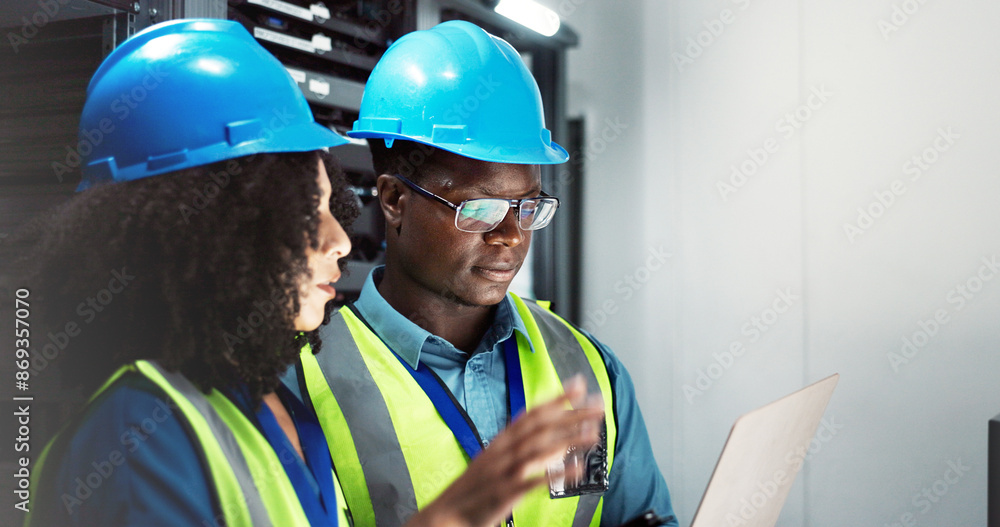 Poster People, maintenance and laptop in server room working, technician and firmware installation or system update. Network, database and cyber programming together, teamwork and online for IT software