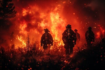 Naklejka premium Firefighters Battle Wildfire During Nighttime Operations