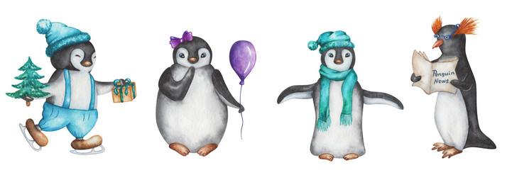 Penguin set. Watercolor illustration. Hand painted cute cartoon penguins in hat, pants, with fir tree, present box, balloon, ice skates. Baby penguin. Marine bird. Isolated clip art for Christmas