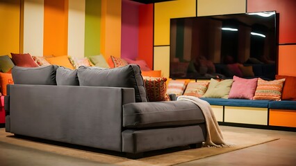 Grey sofa in bright living room