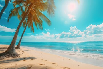 Fototapeta premium Beach with palm trees ocean outdoors horizon.