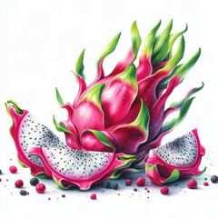 흰 배경, 용과, 수채화 (white background, dragon fruit, and water colour)