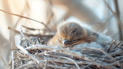 Obraz premium High key image style: Baby bird sleeping in the nest White background, soft tone image, natural light