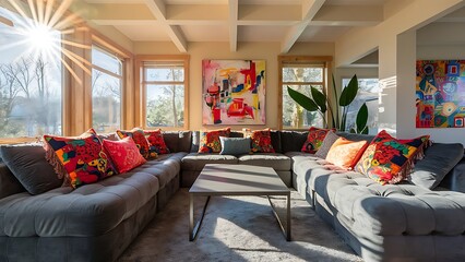 Grey sofa in bright living room