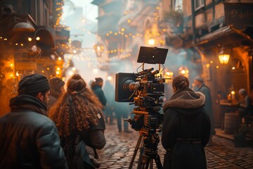 Film Crew Shooting a Scene on a Cobblestone Street at Night