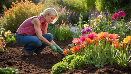 Woman in pink shirt and jeans working in garden among bright flowers while enjoying sunny day.