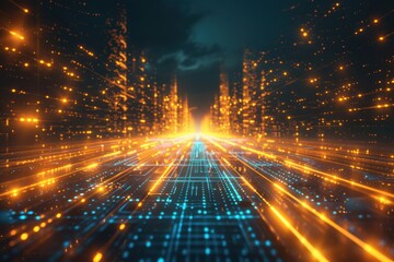 Obraz premium A cityscape with a bright orange line running through it