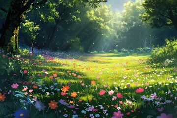 Obraz premium Colorful spring flower field forest landscape grassland.