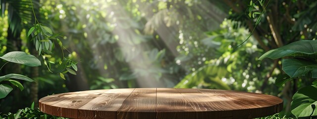 Wooden Table in a Lush Green Forest