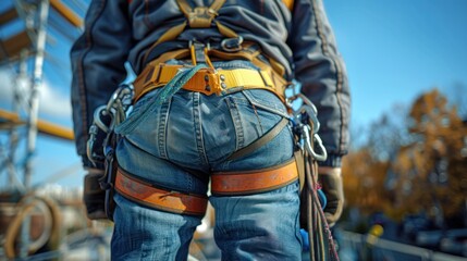 High-angle shot of safety body construction equipment in use: a fall arrestor device with hooks for a worker's safety harness, sharply focused. Perfect for stock photos capturing workplace safety.