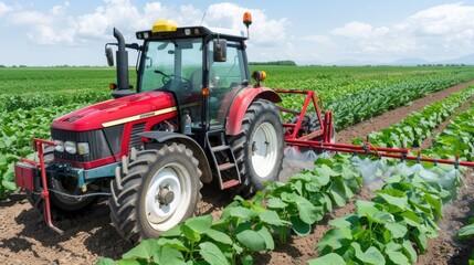 Obraz premium A red tractor plows a field, leaving a trail of loose, dark soil behind it